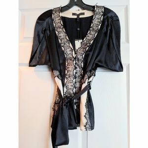BCBG Max Azria Lace Trim Silk Blouse With Tie-Sash